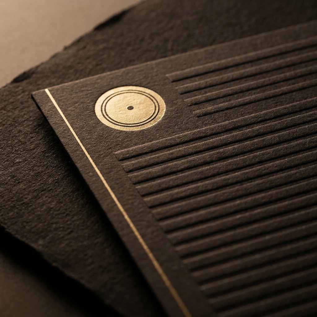 An embossed dark ledger card with a gold seal, lit softly